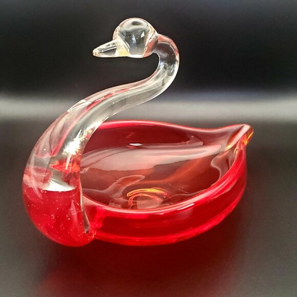 Elegant Murano Style Red Glass Swan Trinket Dish Decor Collectible Vtg Handblown - Picture 5 of 7